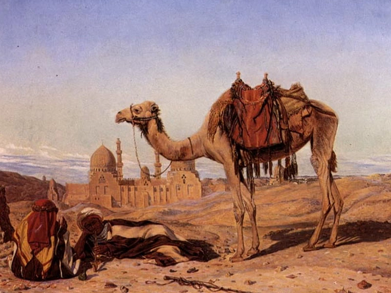1821-Thomas Seddon - Dromedario e arabi nella Città dei Morti, Il Cairo, con la tomba del sultano El Barkook sullo sfondo